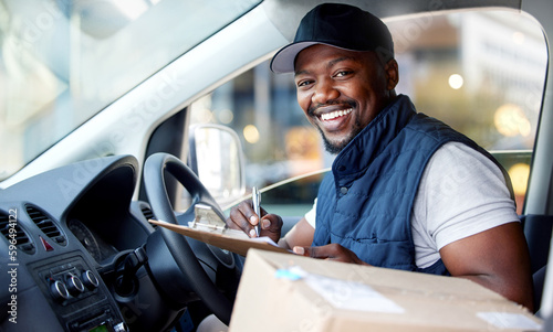 Your parcel is on its way. Shot of young man delivering a package while sitting in a vehicle.