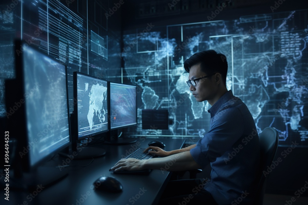 A computer programmer is shown coding on a modern computer with the aid ...