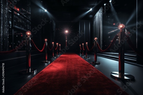 Night scene lit by flashlights with red carpet and velvet ropes. 3D image. Generative AI
