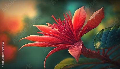 Stunning red tropical blossom against a hazy backdrop. Generative AI photo