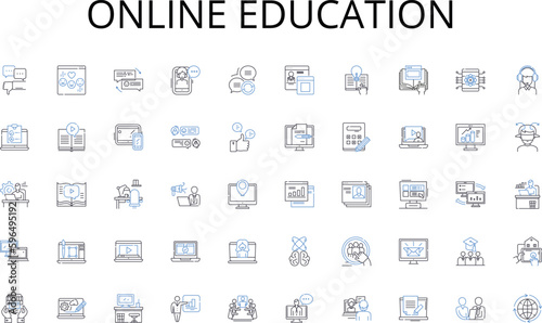 Online education line icons collection. Summer, Outdoors, Beach, BBQ, Hiking, Camping, Swimming vector and linear illustration. Boating,Fishing,Picnic outline signs set Generative AI