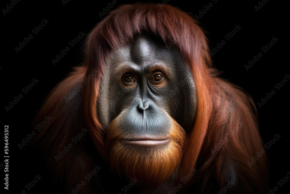 A portrait of a orangutan with a black background. AI generative image.