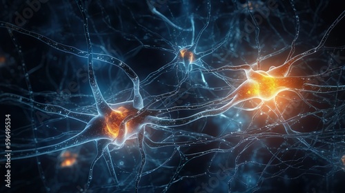 neuron cells with glowing in human brain synapses Generative AI