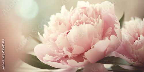 Dreamy peony banner with soft pink and white blooms in a circular pattern   AI-generated image