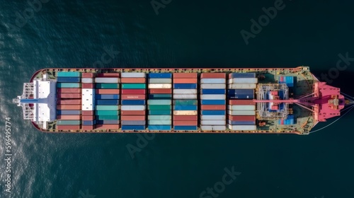 Aerial view of small feeder container cargo vessel at anchor. Generative ai