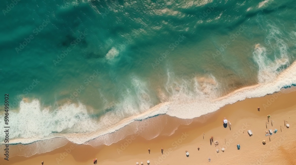 Fototapeta Aerial view. Tropical beach with turquoise ocean water and waves, aerial view. Generative ai