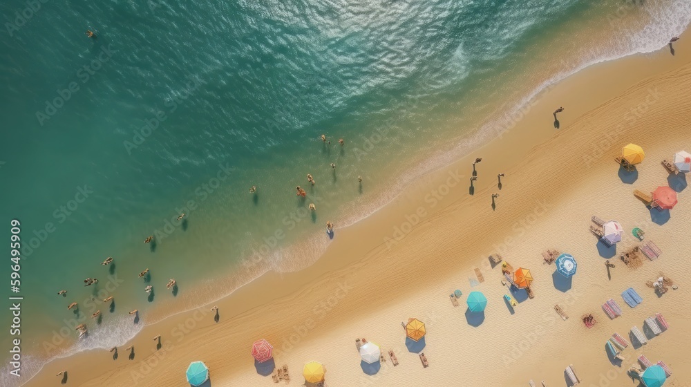 Aerial view. Tropical beach with turquoise ocean water and waves, aerial view. Generative ai