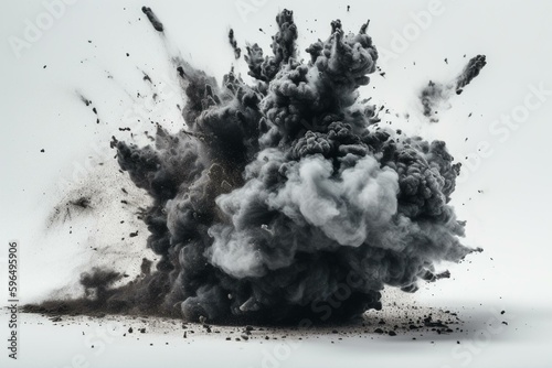 Black powder explosion on white background with charcoal-like particles. Generative AI