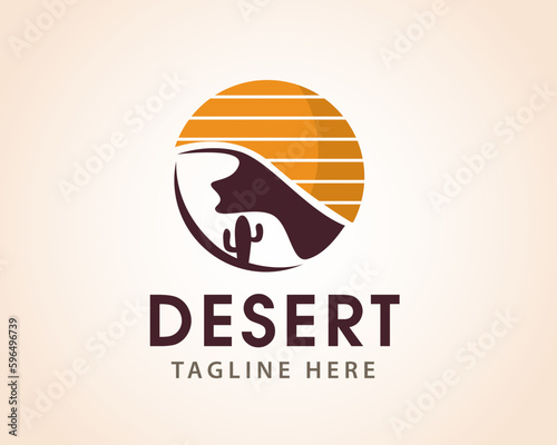 circle desert mountain with sun view logo symbol design template illustration