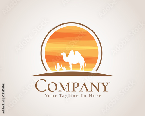 walking camel at hot desert logo symbol design template illustration