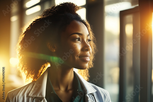 Portrait of happy female doctor standing by the window in clinic, generative ai