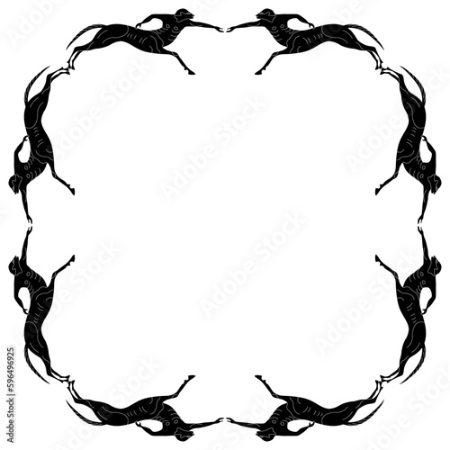 Rectangular ethnic border with running ancient Greek centaurs. Half men half horses. Vase painting style. Black and white silhouette.