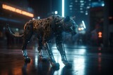 A futuristic feline prowls city streets after dark. Generative AI