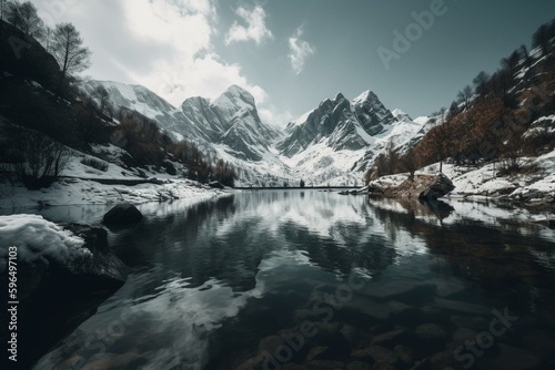 Artwork depicting a snow-capped mountain lake. Generative AI