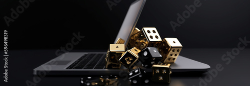 cards and dices stacking on a laptop gold black d render d rendering Generative AI