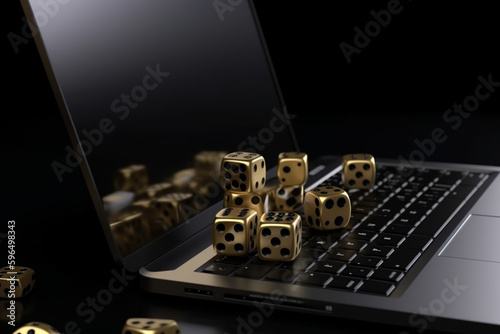 cards and dices, poker, stacking on a laptop gold black d render Generative AI