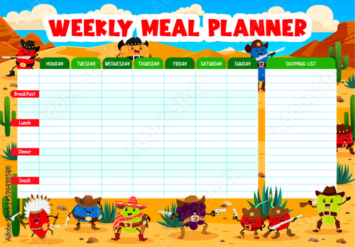 Weekly meal planner, timetable schedule. Western berry cowboy, sheriff, ranger and bandit characters. Diet vector planner with grape, dog rose, blackberry and gooseberry, blueberry Wild West personage