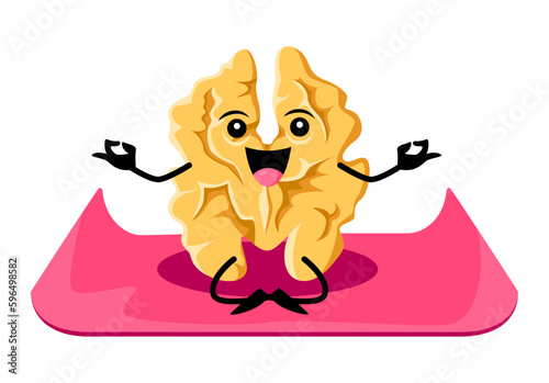 Cartoon walnut character on yoga or fitness sport. Vector happy funny nut personage sitting on mat in lotus asana meditation pose. Zen class, health care and mind balance, comic seed yogi practice