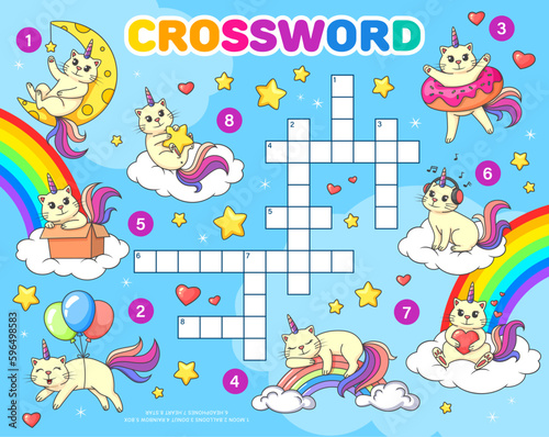 Crossword quiz game grid. Cartoon funny caticorn cats on rainbow. Vector cross word puzzle worksheet for kids with funny unicorn kittens with moon, balloons, donut and box. Heart, headphones, or stars