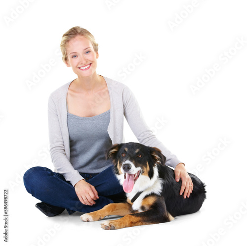 Photography Love, pets and woman portrait with dog and smile with happiness, pet care and dogs support