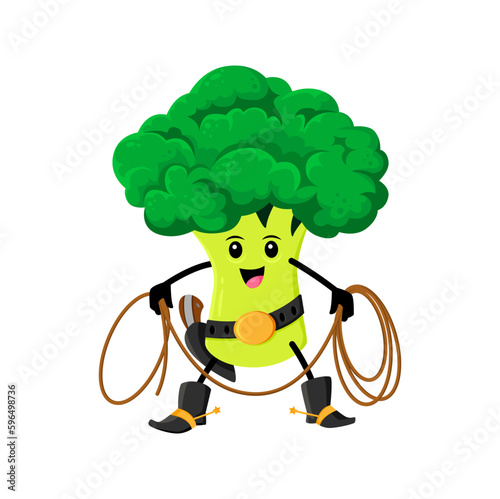 Cartoon broccoli vegetable cowboy and ranger character with lasso. Vector veggies personage, funny fairytale healthy food horseman. Brave garden greenery stockrider wear boots and belt with gun