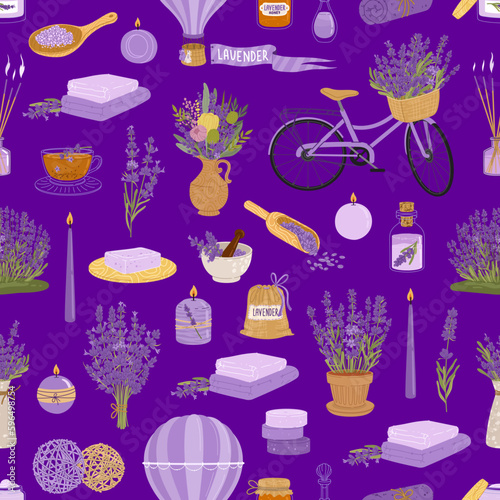 Lavender flowers, herb and bunch pattern of aroma spa cosmetics, vector background. Lavender products pattern with purple candle, lavender essential oil, aromatherapy soap and French Provence bicycle