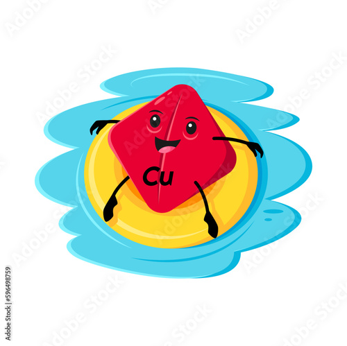 Cartoon copper or cuprum micronutrient character on floater ring. Vector Cu nutritious element capsule personage relax on tropical ocean beach or pool, tanning and relaxing during summer vacation