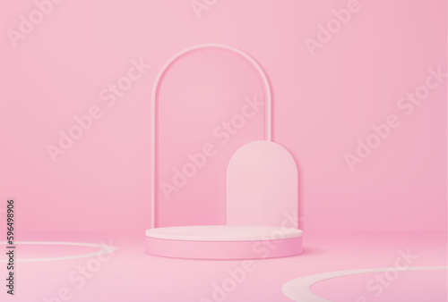 Pink podium with arch on background, product display round stand, vector base platform. Pink 3D podium with arch for cosmetic with studio light, pastel pink scene with round pedestal stage