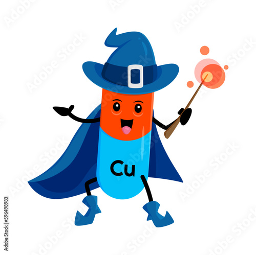 Cartoon cuprum or copper micronutrient mineral mage character. Isolated vector Cu wizard warlock nutrient capsule personage wear witch hat and cloak holding wand. Funny supplement sorcerer personage
