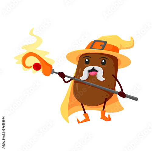 Cartoon kiwi fruit wizard or magician character. Funny vector sorcerer, magic personage in yellow hat and cape. Smiling wiz with mustached face and wood staff. Tropical fruit enchanter or necromancer