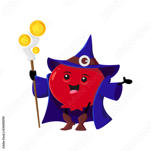 Cartoon cranberry wizard or magician berry character. Funny vector magic Halloween personage in cloak with staff. Mooseberry wiz or sorcerer with cute face, enchanter isolated necromancer cast spell