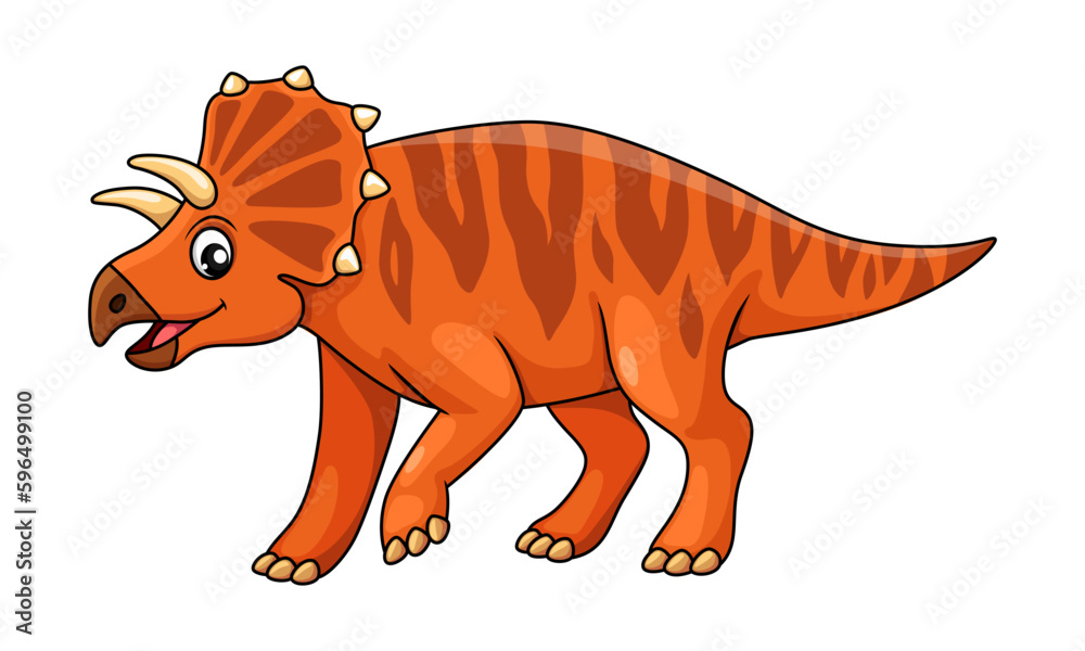 Fototapeta premium Cartoon avaceratops dinosaur character. Isolated vector herbivorous nasutoceratopsine ceratopsian dino of late cretaceous period. Prehistoric animal with brown spotted skin, wild monster creature