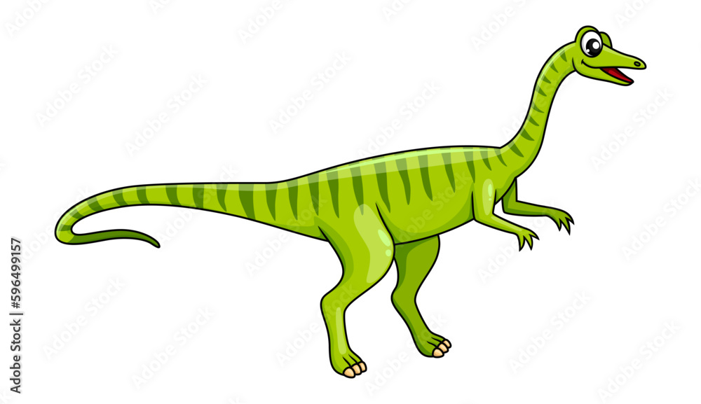 Naklejka premium Cartoon elaphrosaurus dinosaur character. Isolated vector genus of ceratosaurian theropod dino that lived during the Late Jurassic Period. Prehistoric carnivorous reptile, wildlife lizard predator