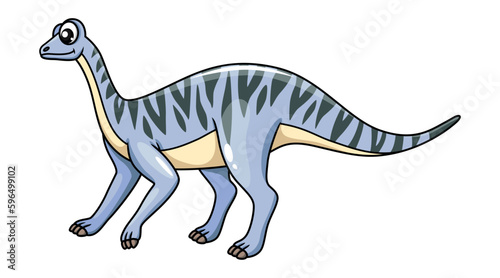 Cartoon mussaurus dinosaur character. Isolated vector herbivorous sauropodomorph dino of late triassic period. Prehistoric animal with blue skin and black stripes. Wild monster paleontology creature
