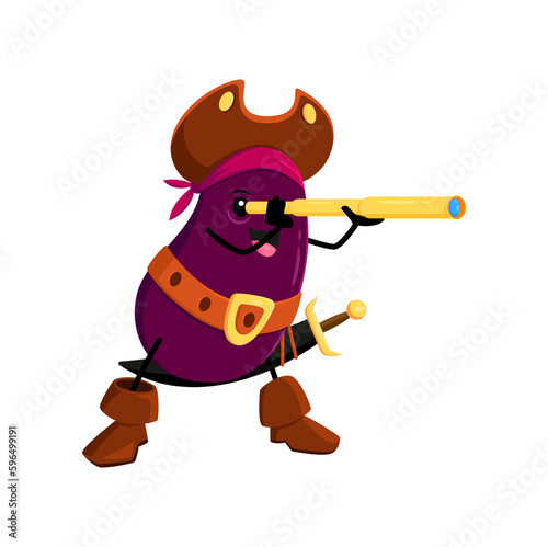 Cartoon eggplant vegetable pirate and corsair character with spyglass. Vector veggies in buccaneer costume, tricorn, headband and boots looking in glass. Vitamin plant personage freebooter or picaroon