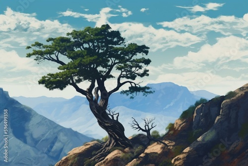 Gouache painting of a tree on a ledge with mountains in the background. Generative AI