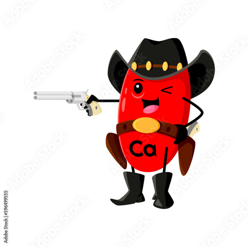 Cartoon calcium cowboy micronutrient character. Ca vector ranger in hat holding gun and aiming to target. Western vitamin element personage, isolated fantasy game or book brave smiling adventurer