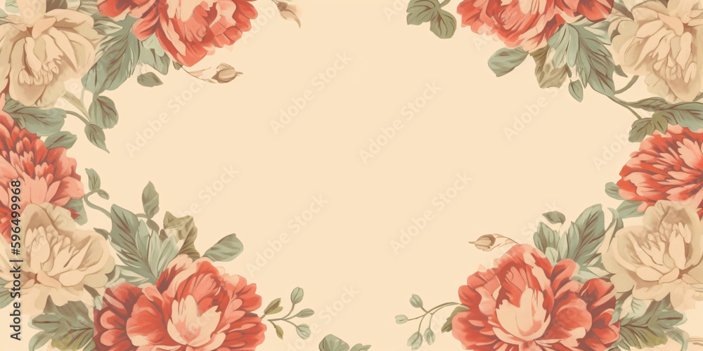 red peony border floral frame, vintage parchment background for copy space, design, paper, card