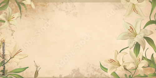 white lily border floral frame, vintage parchment background for copy space, design, paper, card