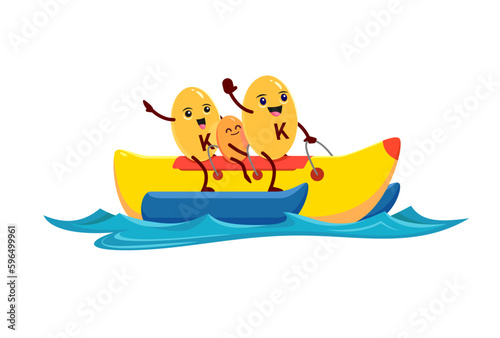 Cartoon vitamin K characters on banana water. Vitamin, micronutrient capsule or food supplement pill cute vector family personages. Healthy nutrition mineral dragee happy mascots on summer vacation