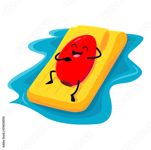 Cartoon burberry berry character floating on inflatable mattress during summertime getaway. Isolated vector fresh amusing personage enjoying outdoor activities and leisure at coastal destination