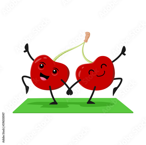 Cartoon playful cherry berry characters pair doing yoga or fitness exercises standing in yogi asana on mat to promote a healthful and lively lifestyle. Comical vector juicy berries engage in pilates