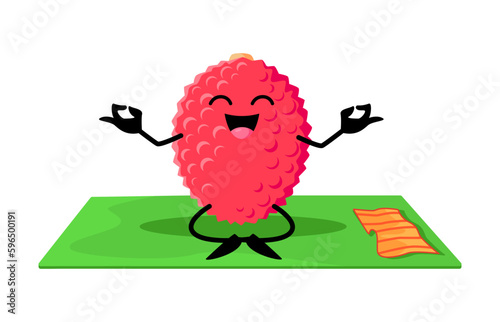 Cartoon lychee fruit character on yoga fitness. Funny and happy smiling tropical fruit vector personage meditating in lotus pose, lychee mascot or isolated character practicing yoga on mat