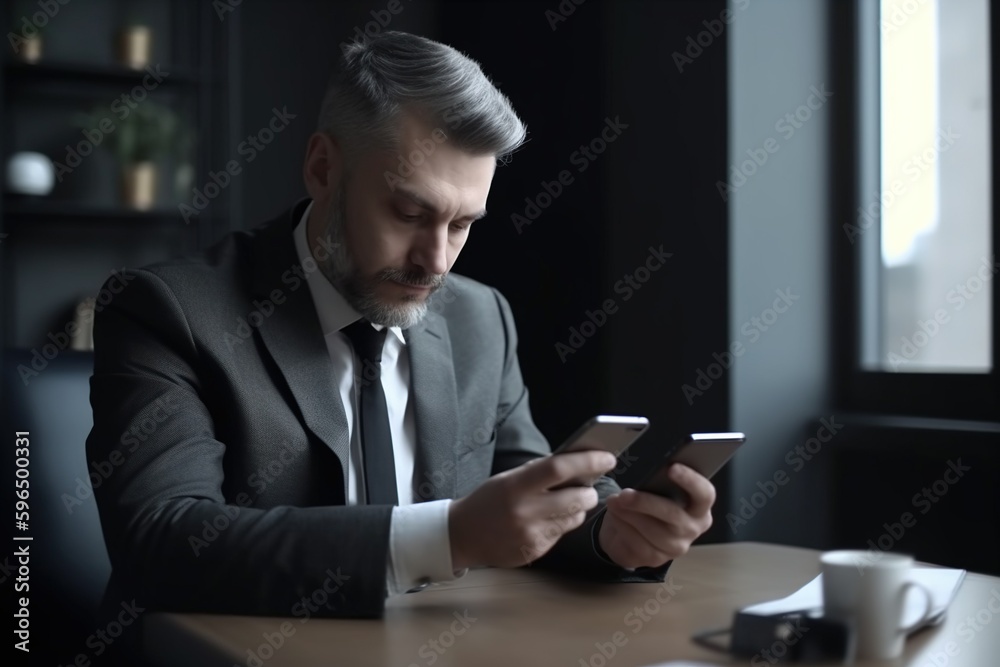 Businessman using two mobile smart phone in each hand texting to colleague during working on laptop computer at office. Man manager sitting at table surfing the internet
