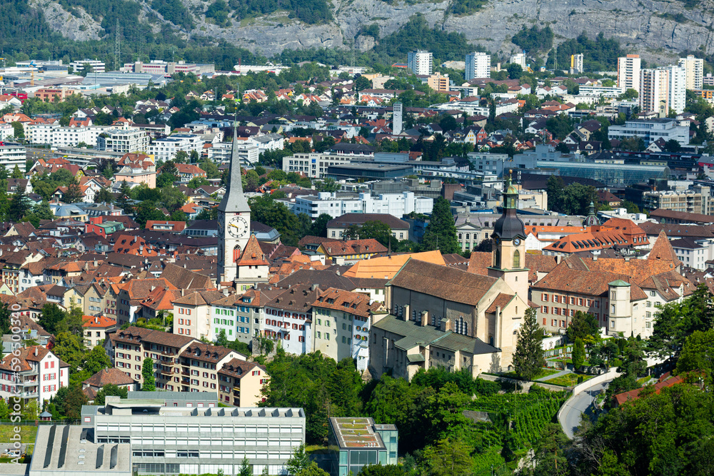 Picturesque aerial view of Swiss town of Chur surrounded by mountains