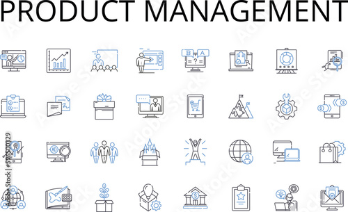 Product management line icons collection. Business development, Brand management, Marketing strategy, Sales operations, Team leadership, Project coordination, Market analysis vector and Generative AI