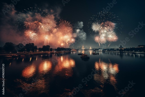Firework display on New Year's Eve in a scenic setting. Generative AI © Pavel