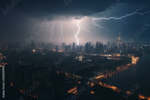 A big storm with lightning bolts approaches a metropolis. Generative AI