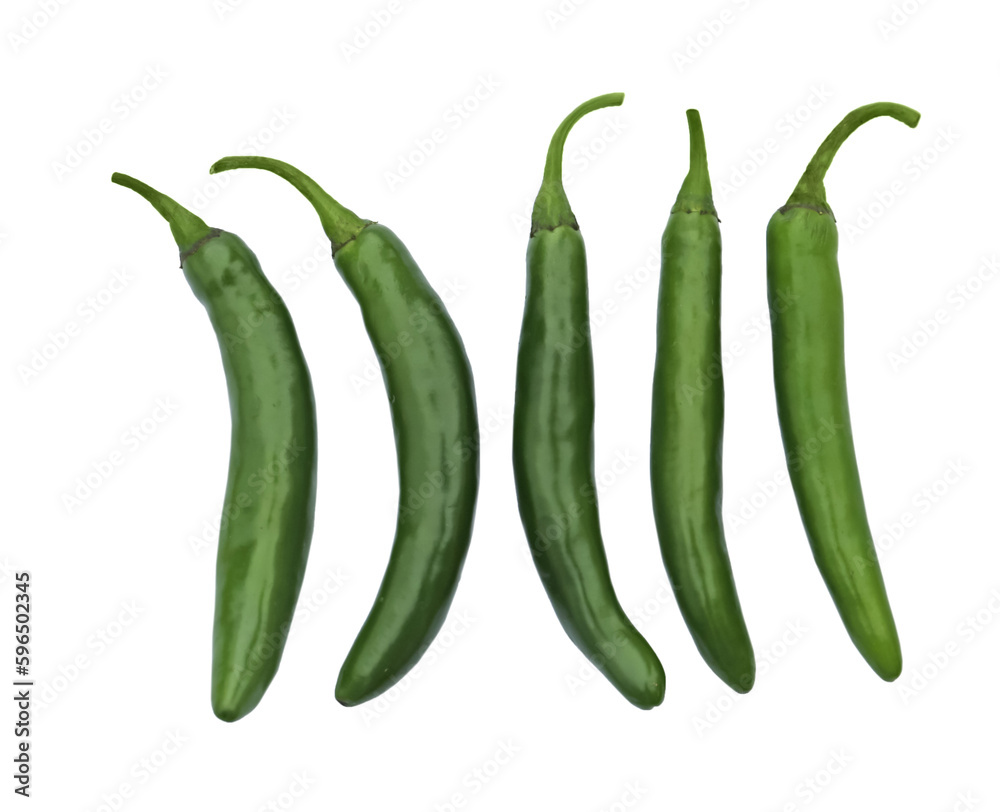 Green hot chili peppers on white background, top view Green hot chili peppers on white background, top view