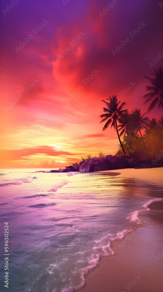 Colorful sunset on the beach with crystal clear turquoise waters, golden sands, and lush palm trees swaying in a gentle breeze, beautiful summer, chill atmosphere, vertical format 9:16. Generative AI